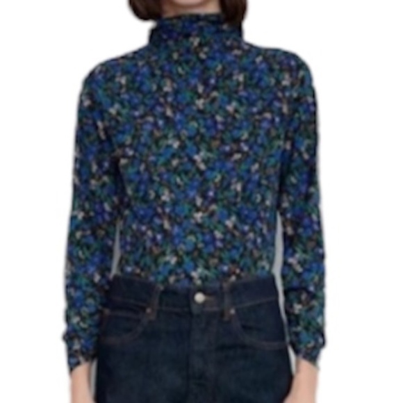 Zara black blue cropped Floral High-Neck Long sleeve Top M - Picture 2 of 14